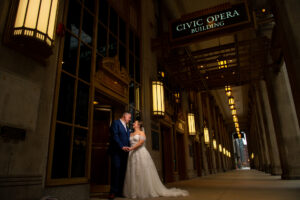 Bride and Groom looking at each other at the Civic Opera House